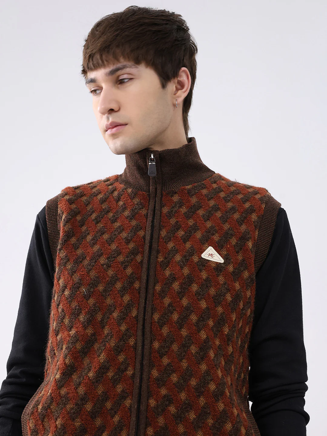 Men Brown Self Design Mock Neck Sleeveless Jacket - Image 8