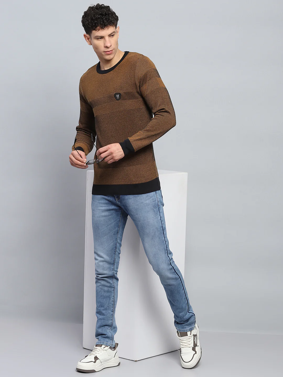 Men Brown Self Design Round Neck Full Sleeve Pullover - Image 2