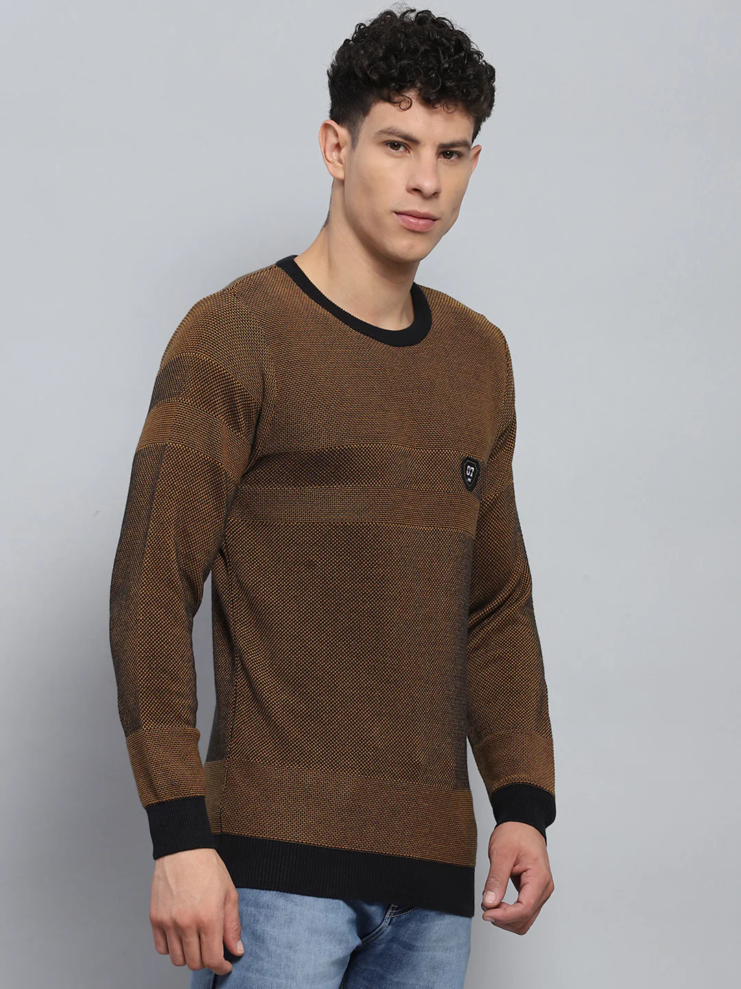 Men Brown Self Design Round Neck Full Sleeve Pullover - Image 4