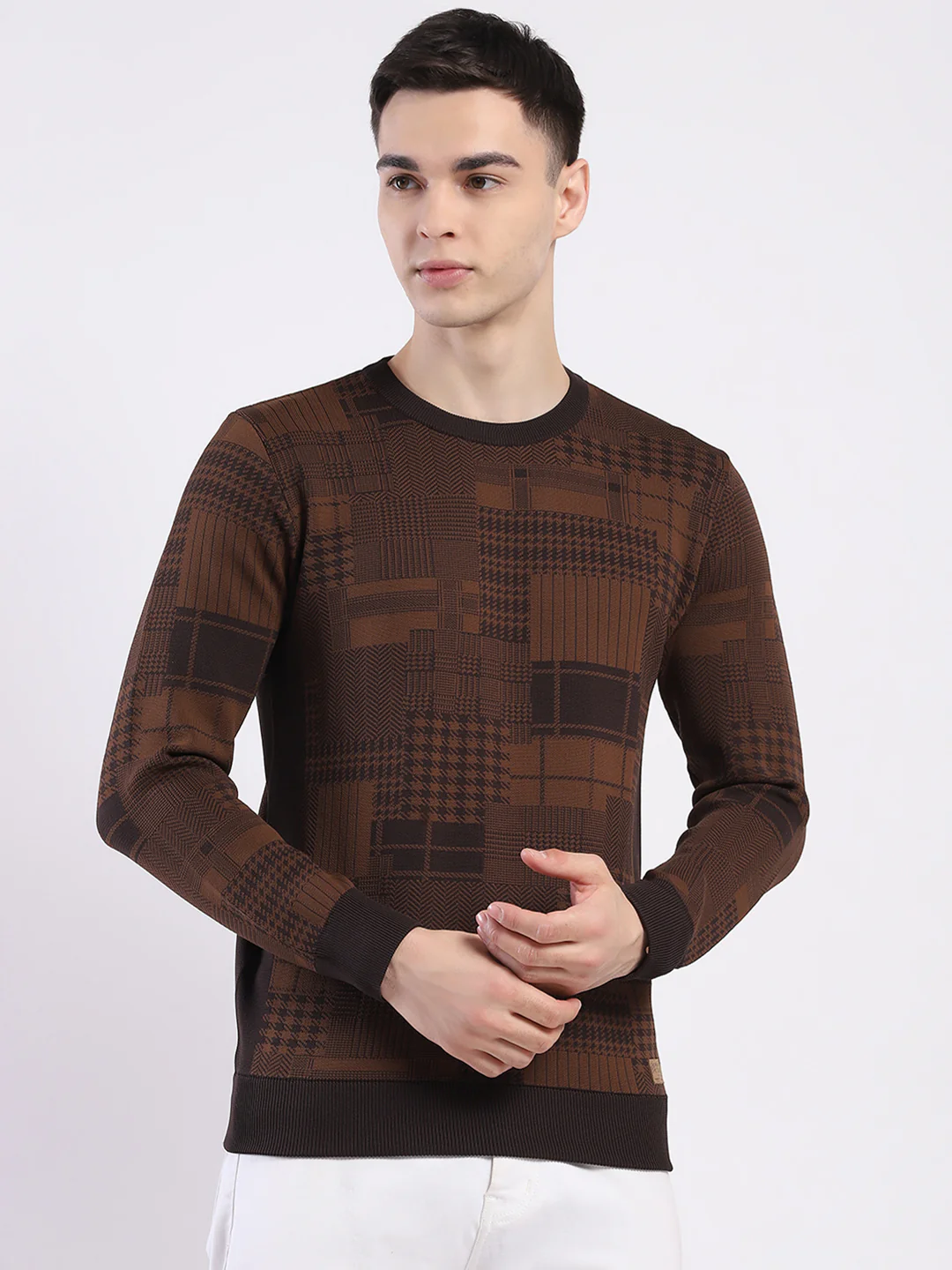 Men Brown Self Design Round Neck Full Sleeve Pullover