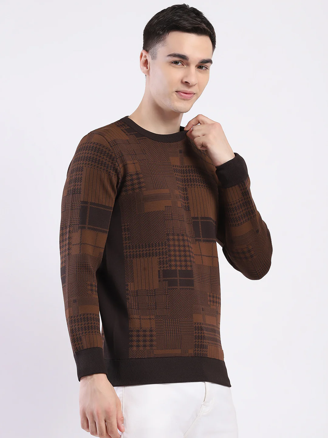 Men Brown Self Design Round Neck Full Sleeve Pullover - Image 4