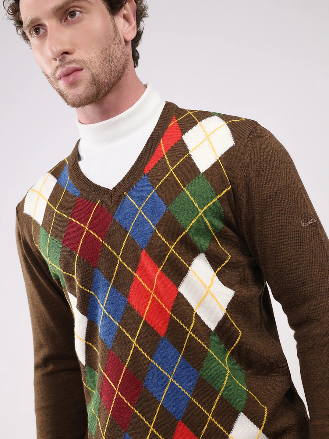 Men Brown Self Design V Neck Full Sleeve Pullover - Image 6
