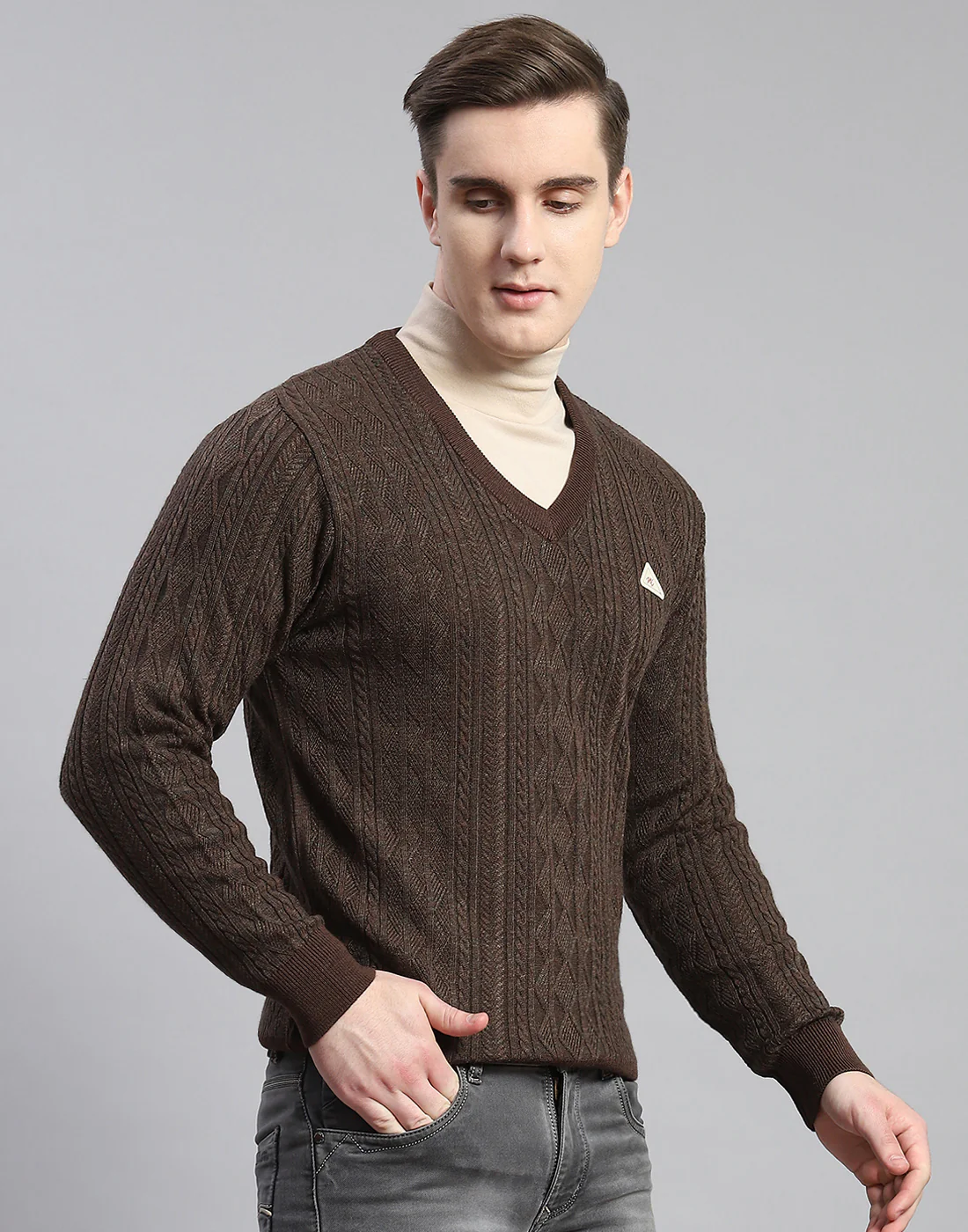 Men Brown Self Design V Neck Full Sleeve Pullover - Image 4