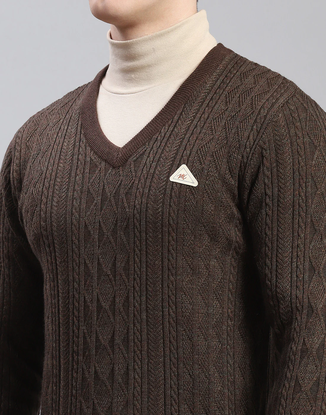 Men Brown Self Design V Neck Full Sleeve Pullover - Image 6