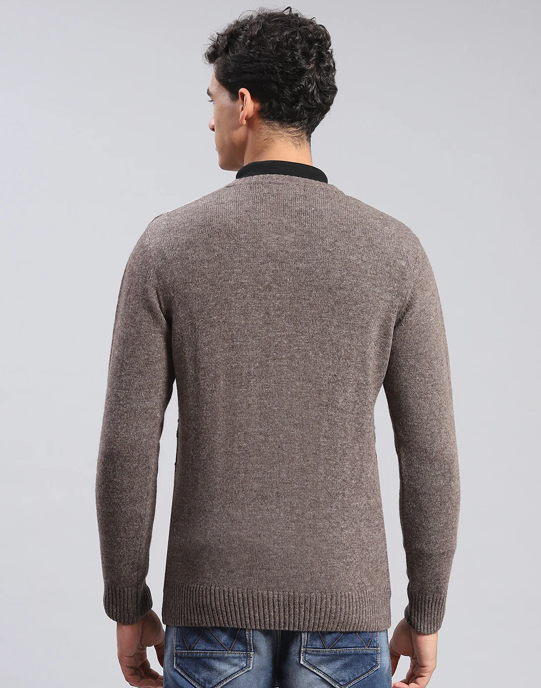Men Brown Self Design V Neck Full Sleeve Pullover - Image 5