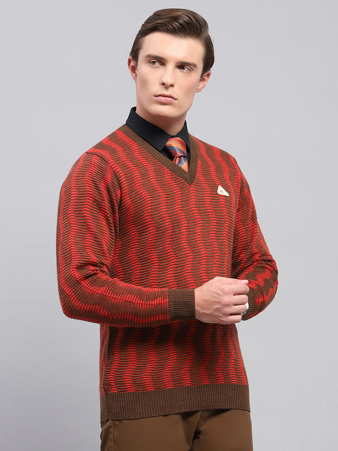 Men Brown Self Design V Neck Full Sleeve Pullover - Image 4
