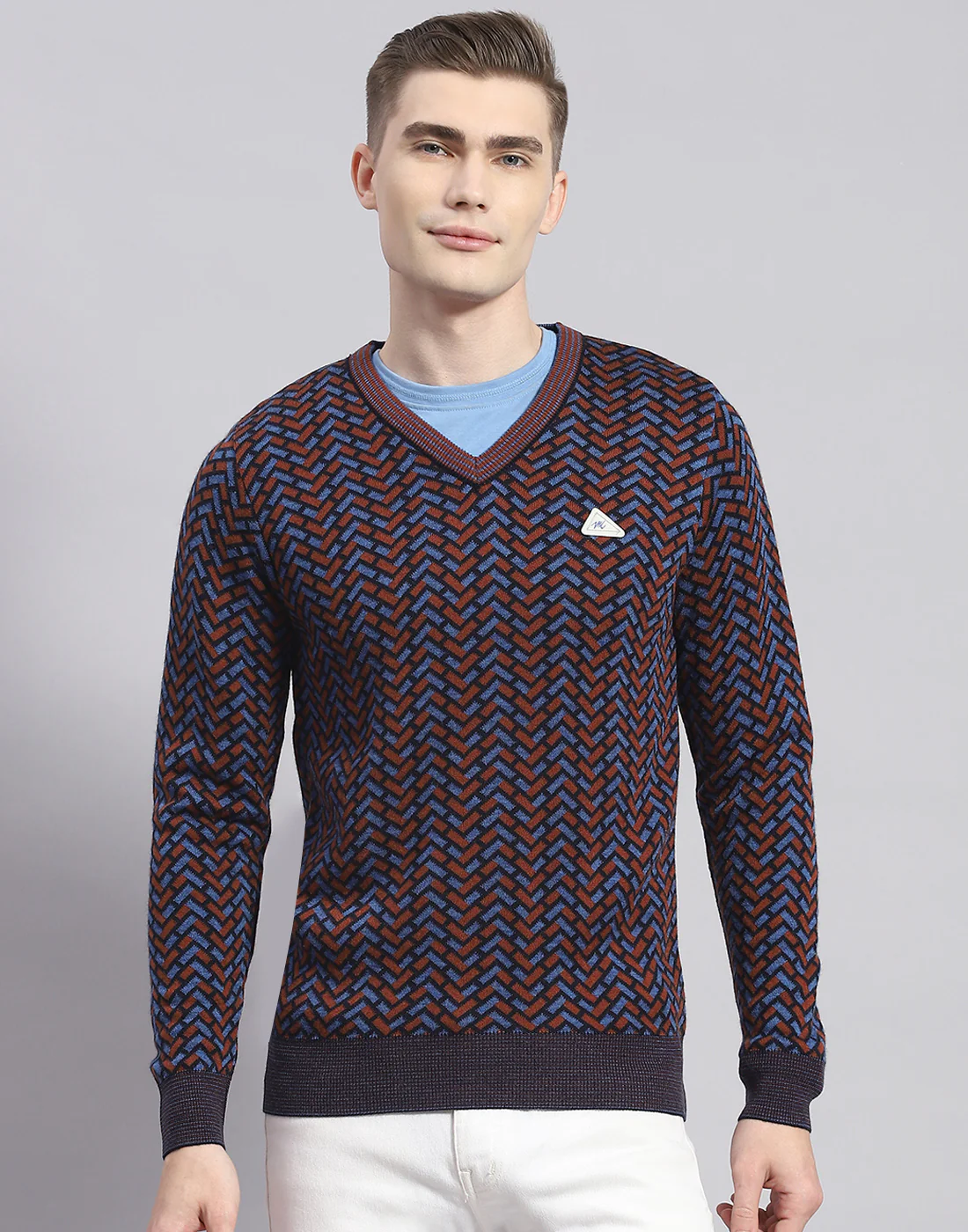 Men Brown Self Design V Neck Full Sleeve Pullover - Image 3