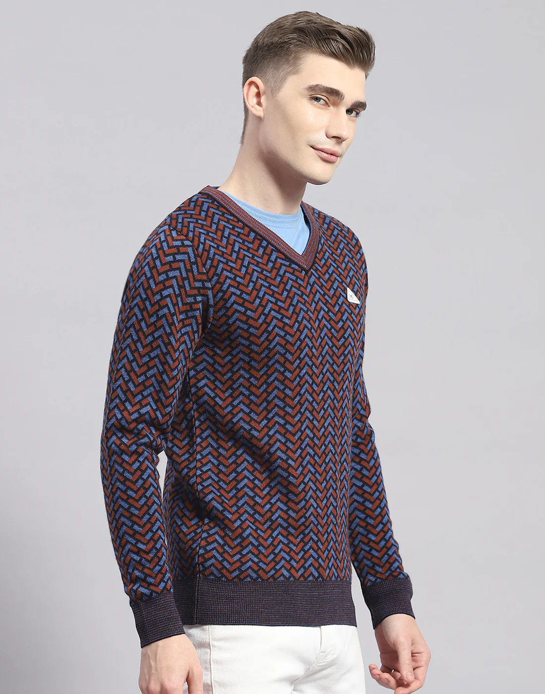 Men Brown Self Design V Neck Full Sleeve Pullover - Image 5