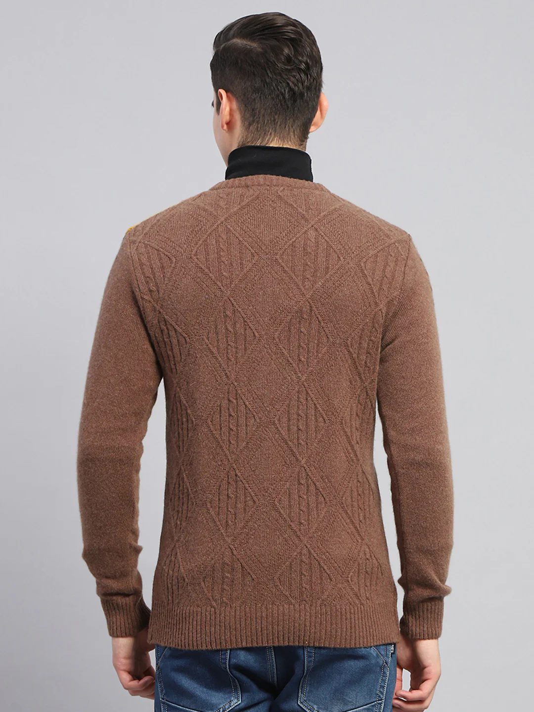Men Brown Self Design V Neck Full Sleeve Pullover - Image 5