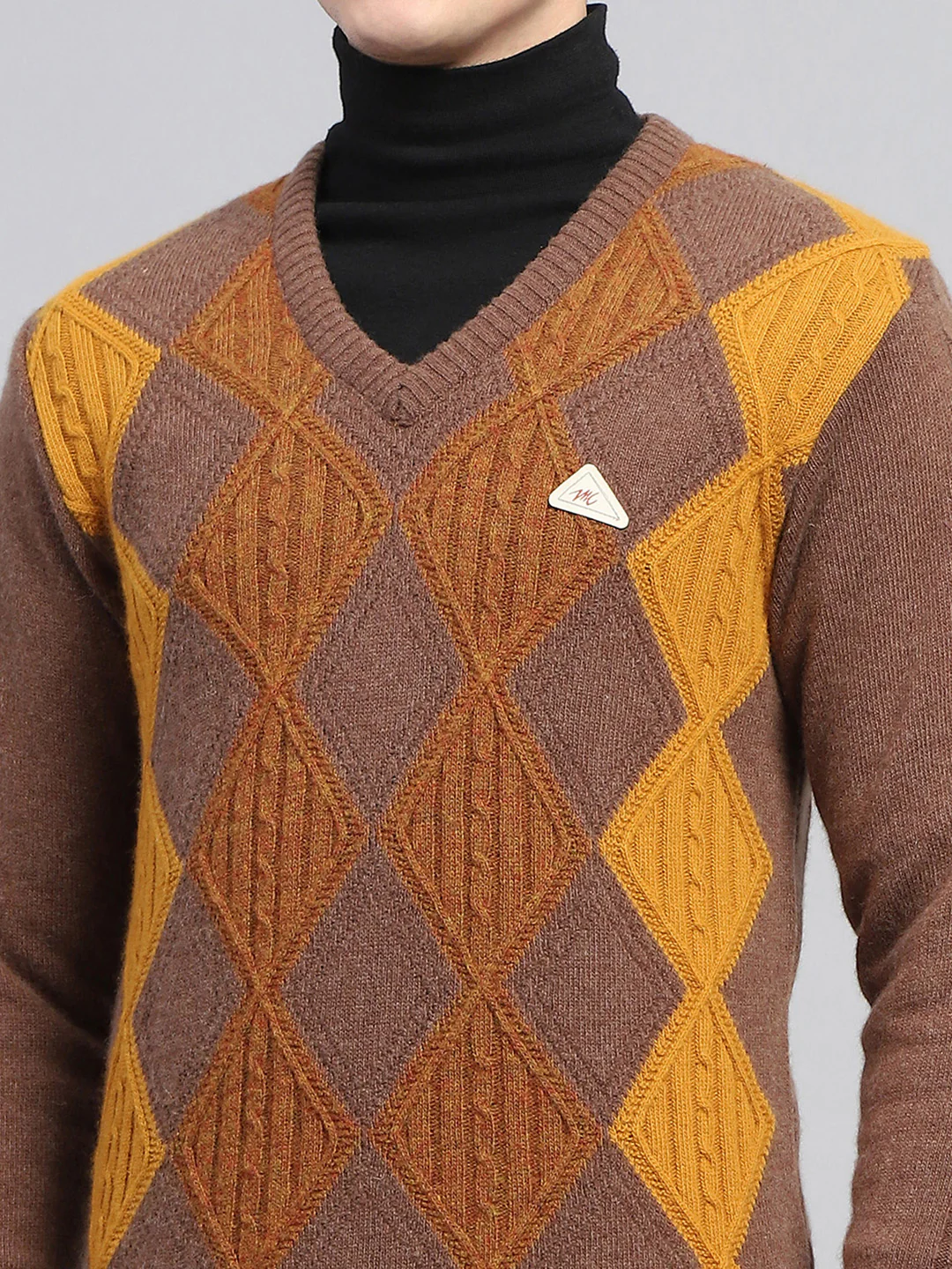 Men Brown Self Design V Neck Full Sleeve Pullover - Image 7