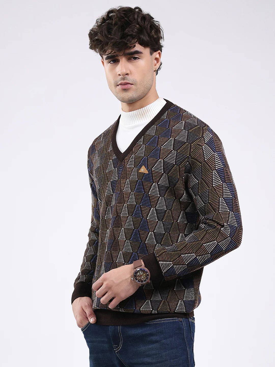 Men Brown Self Design V Neck Full Sleeve Pullover - Image 3