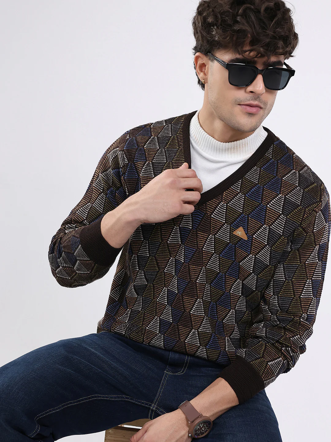 Men Brown Self Design V Neck Full Sleeve Pullover - Image 6
