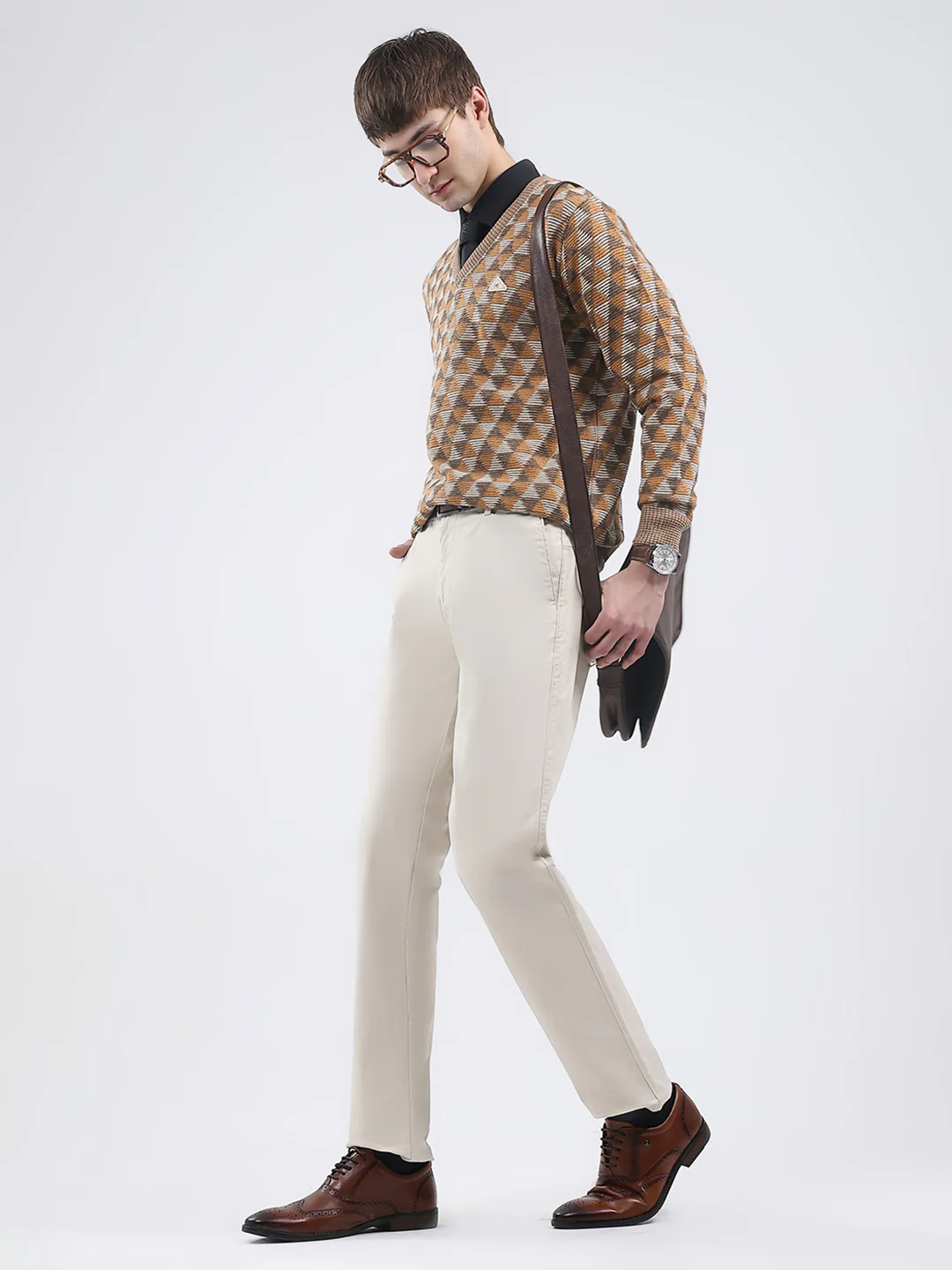 Men Brown Self Design V Neck Full Sleeve Pullover - Image 2