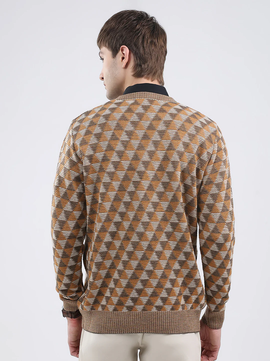 Men Brown Self Design V Neck Full Sleeve Pullover - Image 5