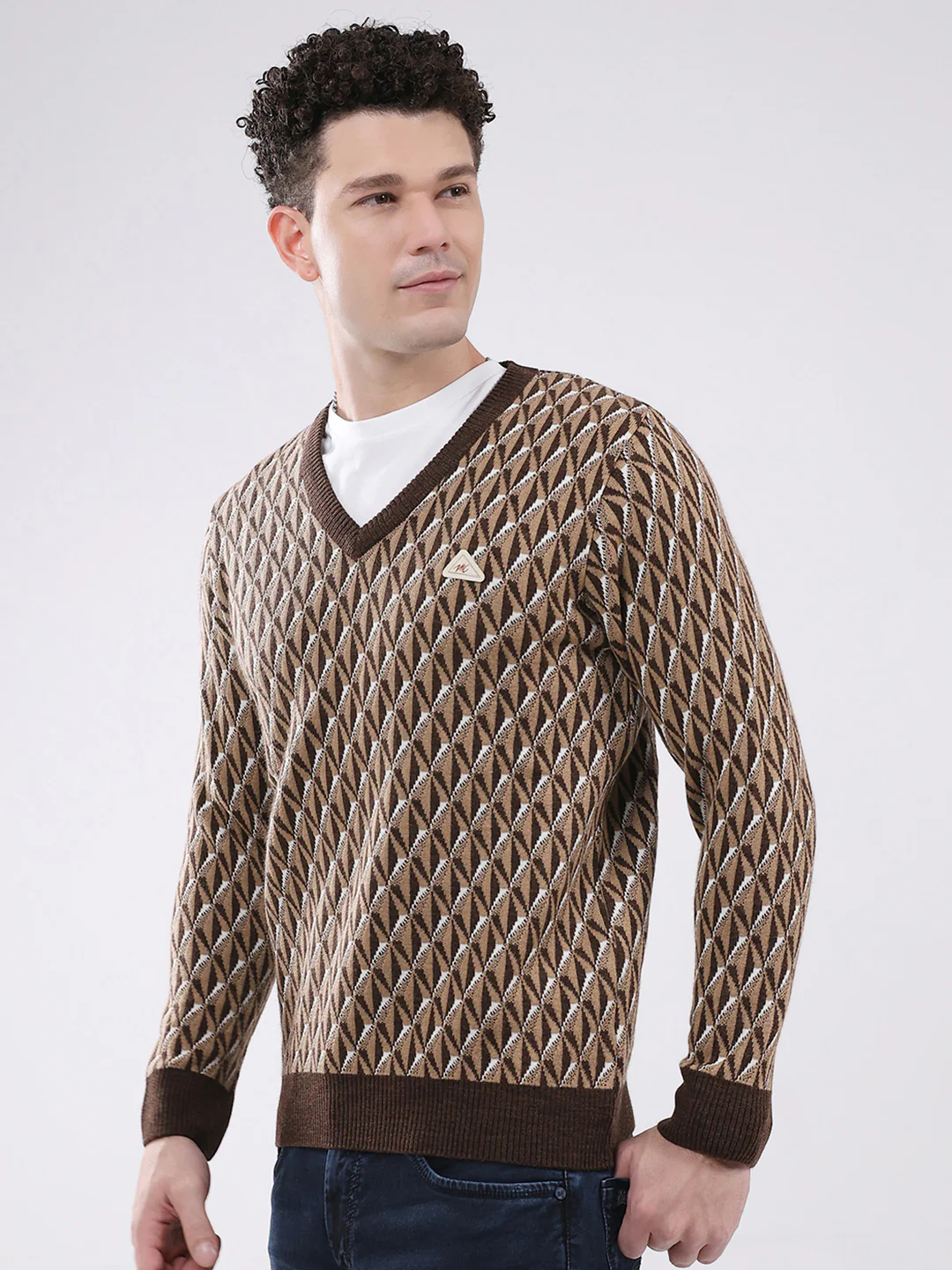 Men Brown Self Design V Neck Full Sleeve Pullover - Image 3