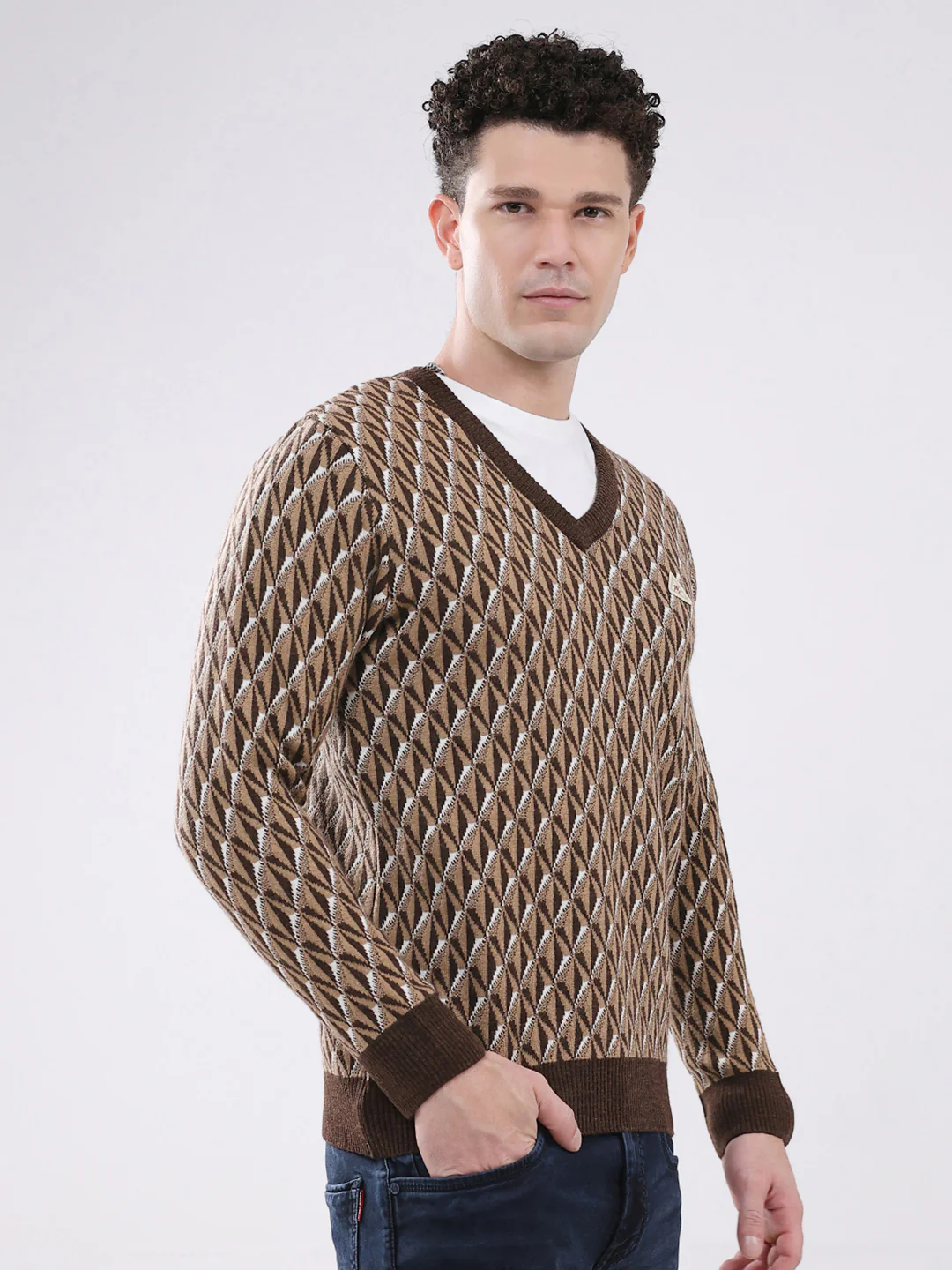Men Brown Self Design V Neck Full Sleeve Pullover - Image 4