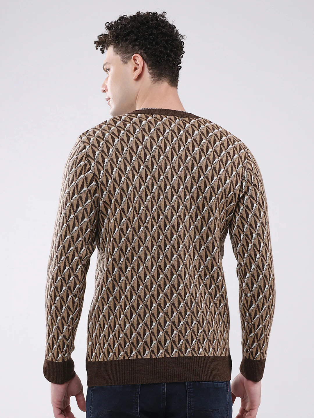 Men Brown Self Design V Neck Full Sleeve Pullover - Image 5