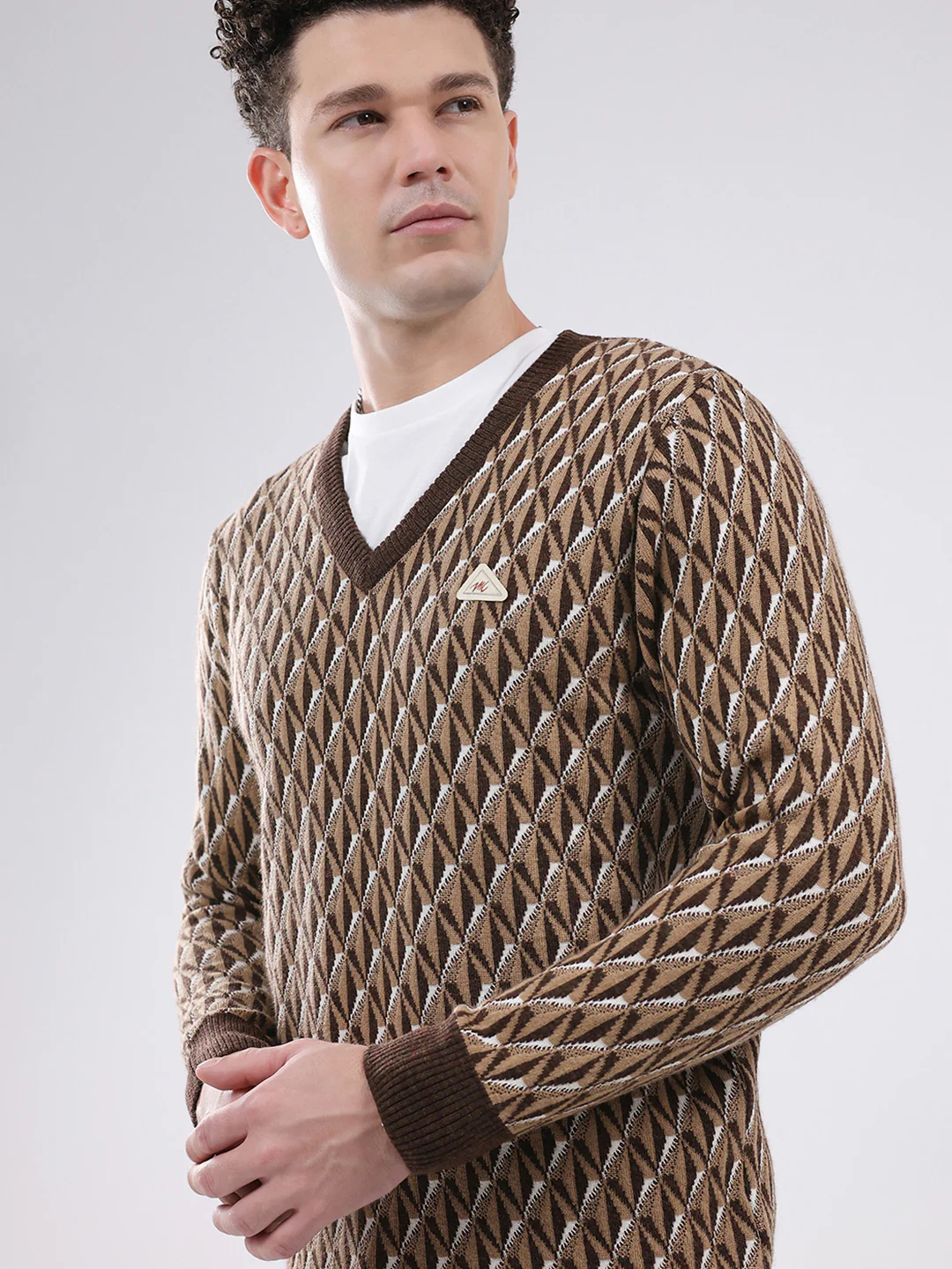 Men Brown Self Design V Neck Full Sleeve Pullover - Image 6