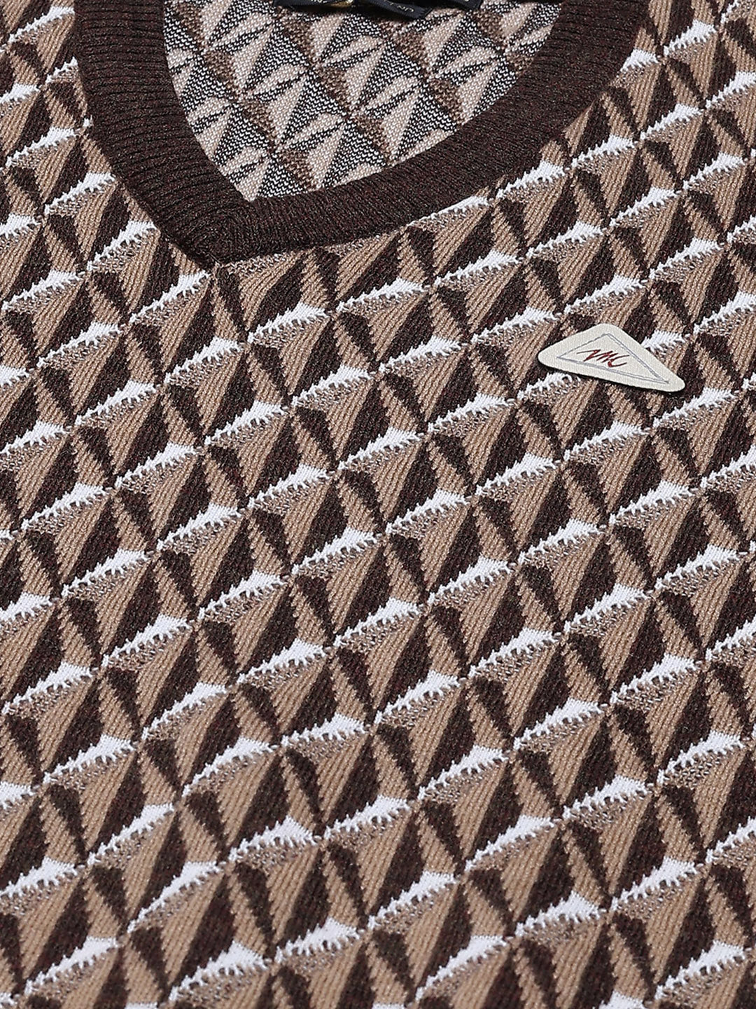 Men Brown Self Design V Neck Full Sleeve Pullover - Image 7
