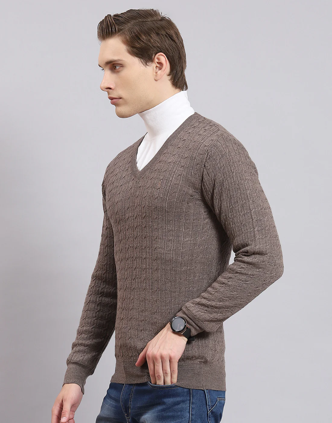 Men Brown Self Design V Neck Full Sleeve Sweater - Image 3