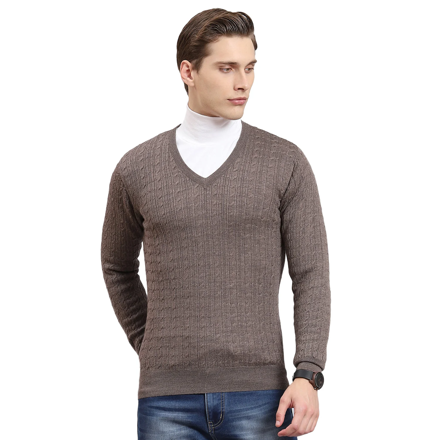 Men Brown Self Design V Neck Full Sleeve Sweater - Image 5
