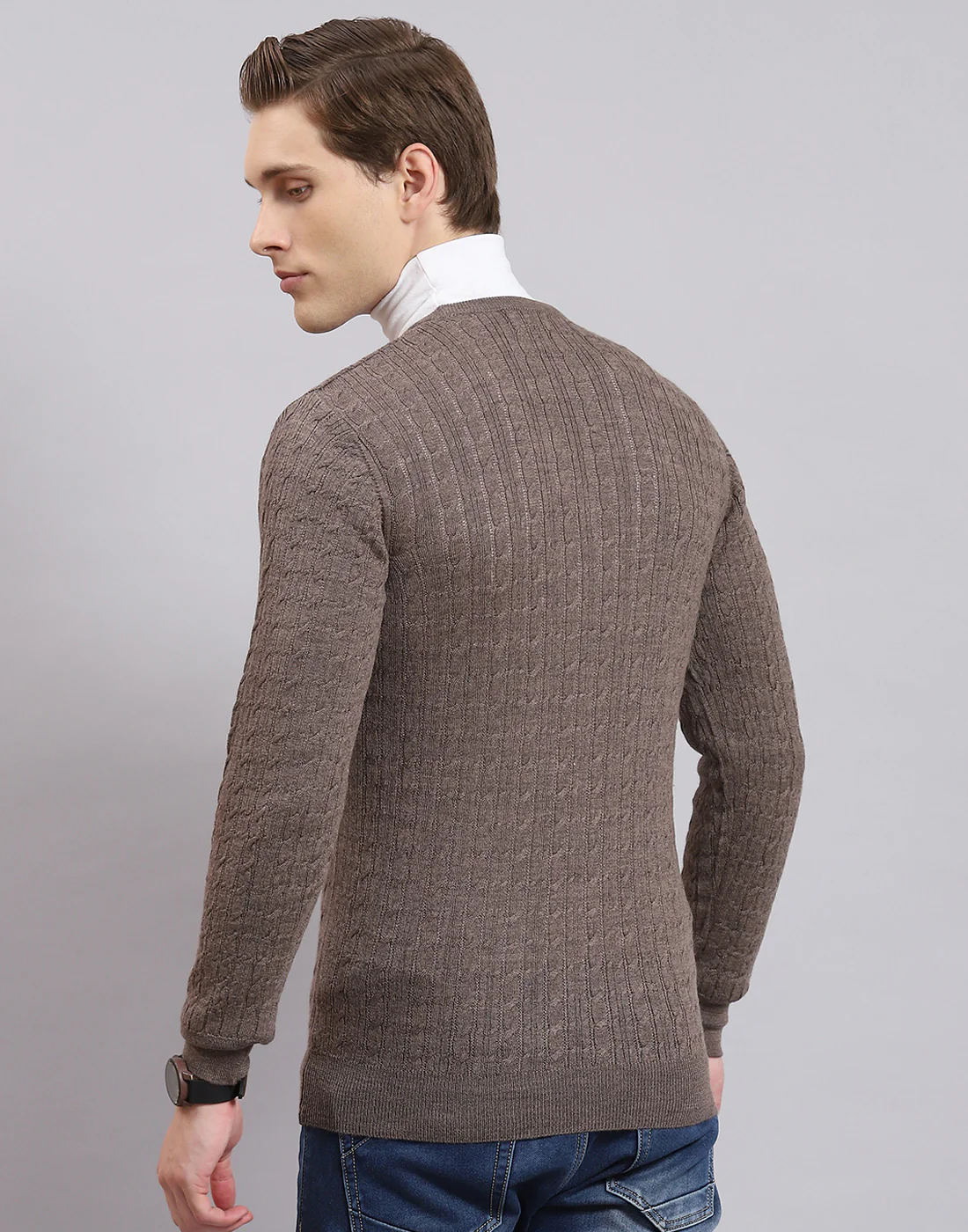 Men Brown Self Design V Neck Full Sleeve Sweater - Image 6