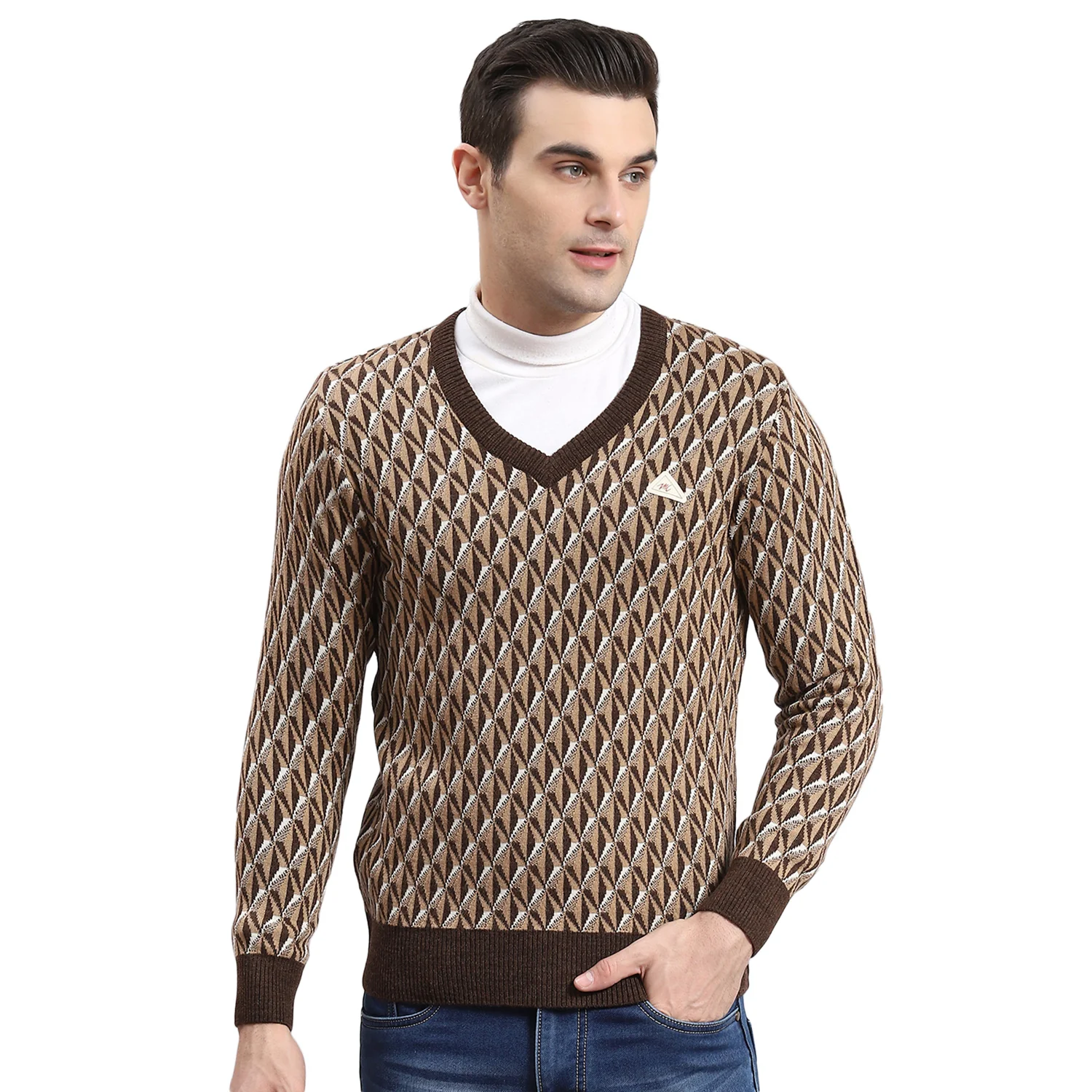 Men Brown Self Design V Neck Full Sleeve Sweater - Image 5