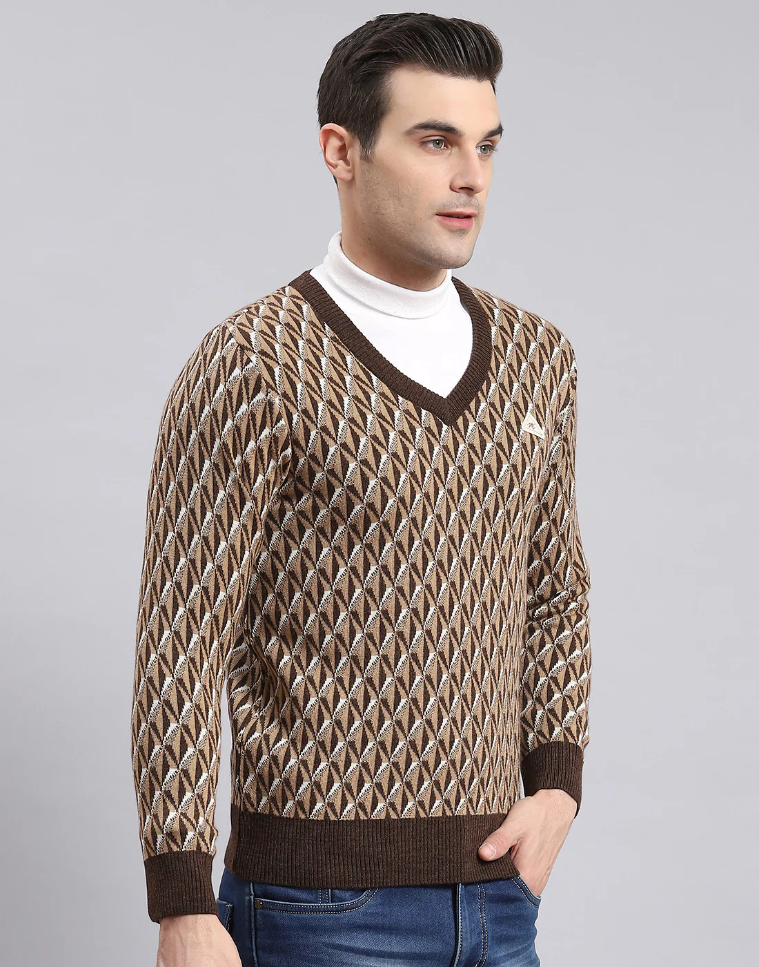 Men Brown Self Design V Neck Full Sleeve Sweater - Image 6