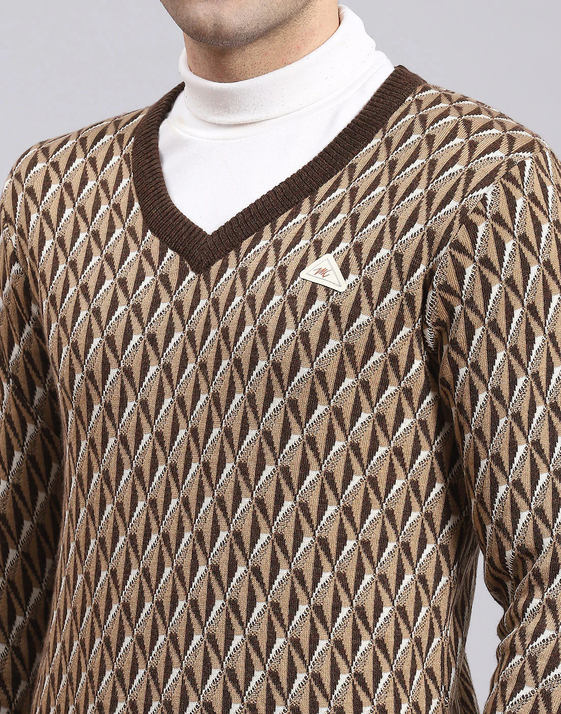 Men Brown Self Design V Neck Full Sleeve Sweater - Image 8