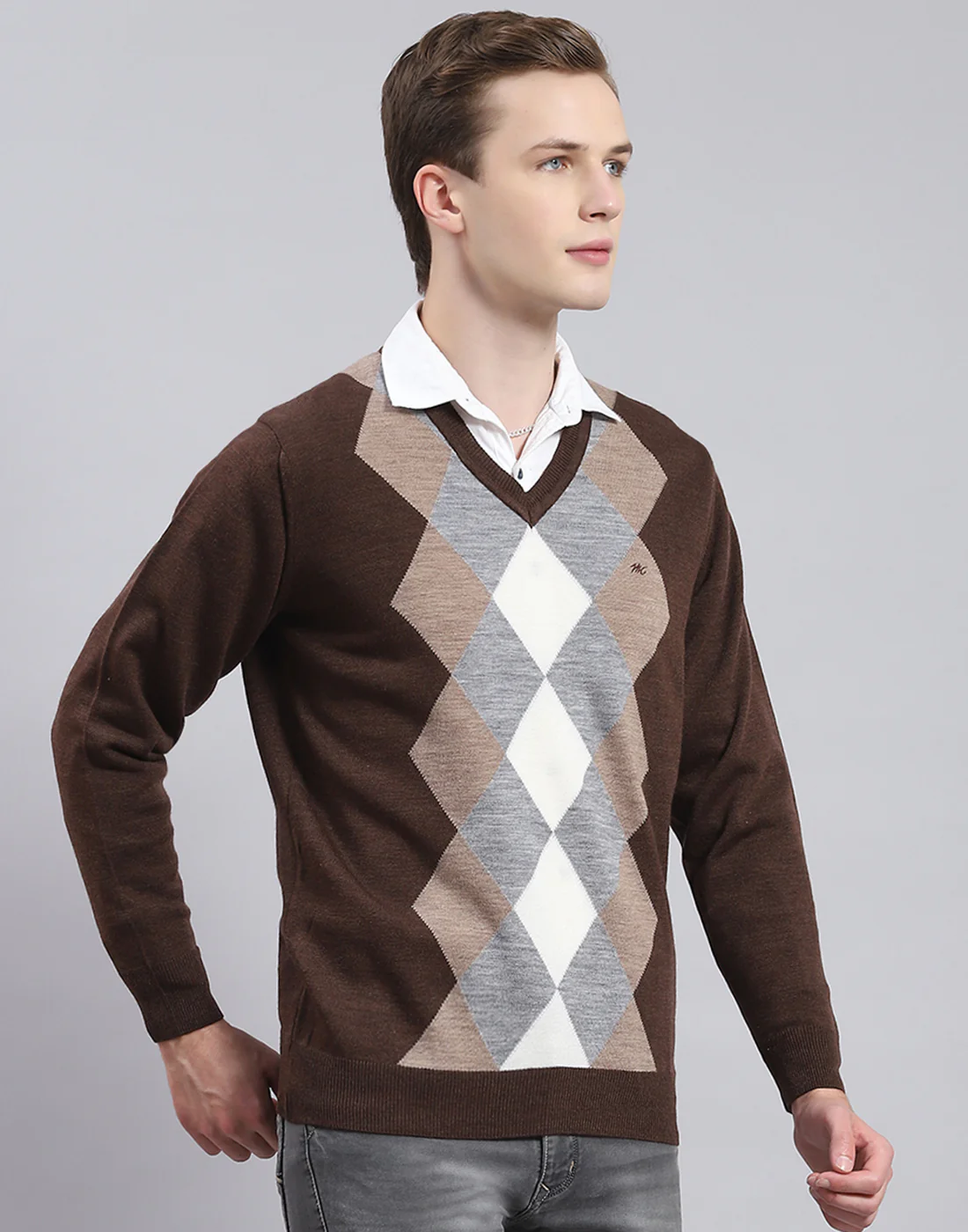 Men Brown Self Design V Neck Full Sleeve Sweater - Image 4