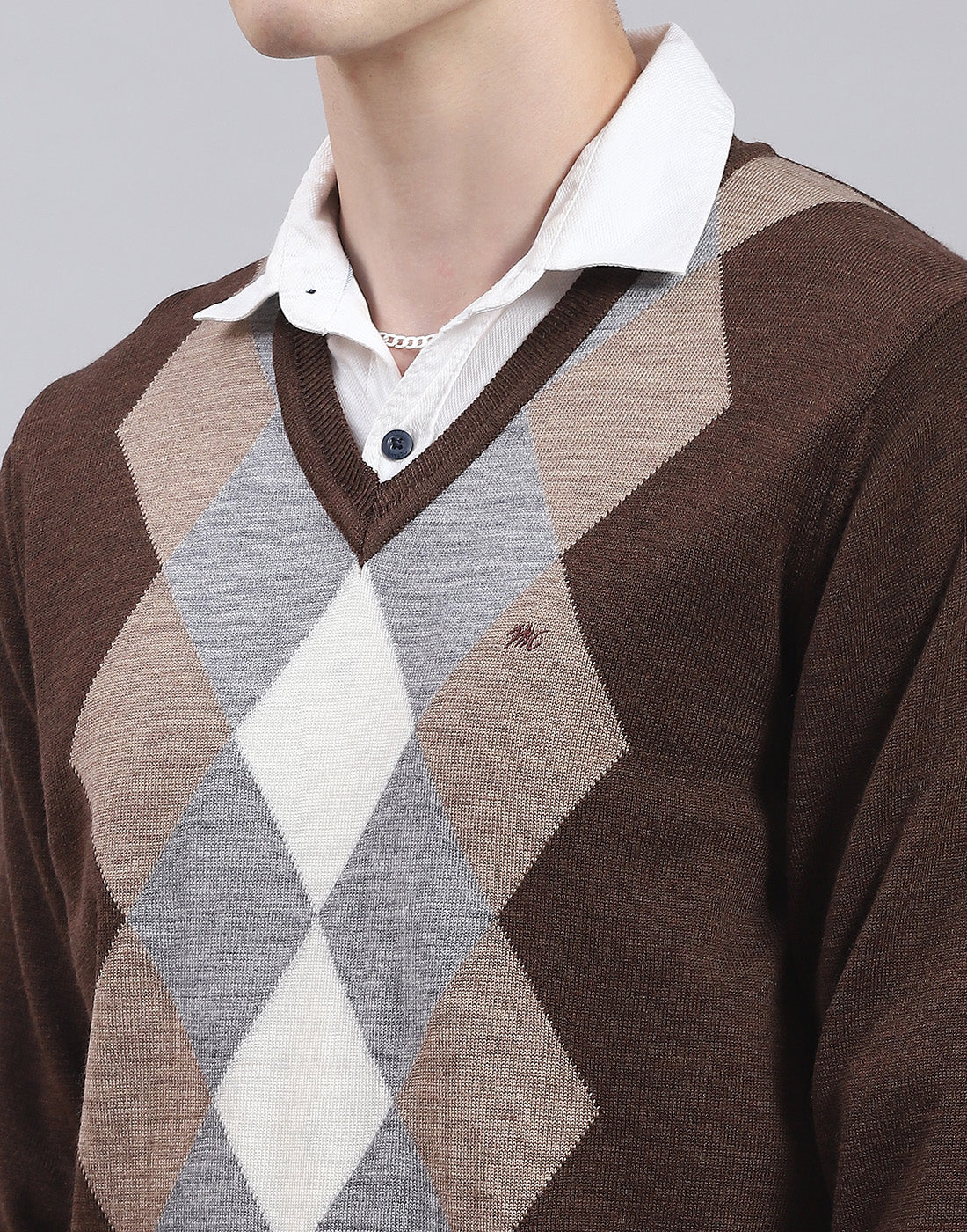 Men Brown Self Design V Neck Full Sleeve Sweater - Image 6