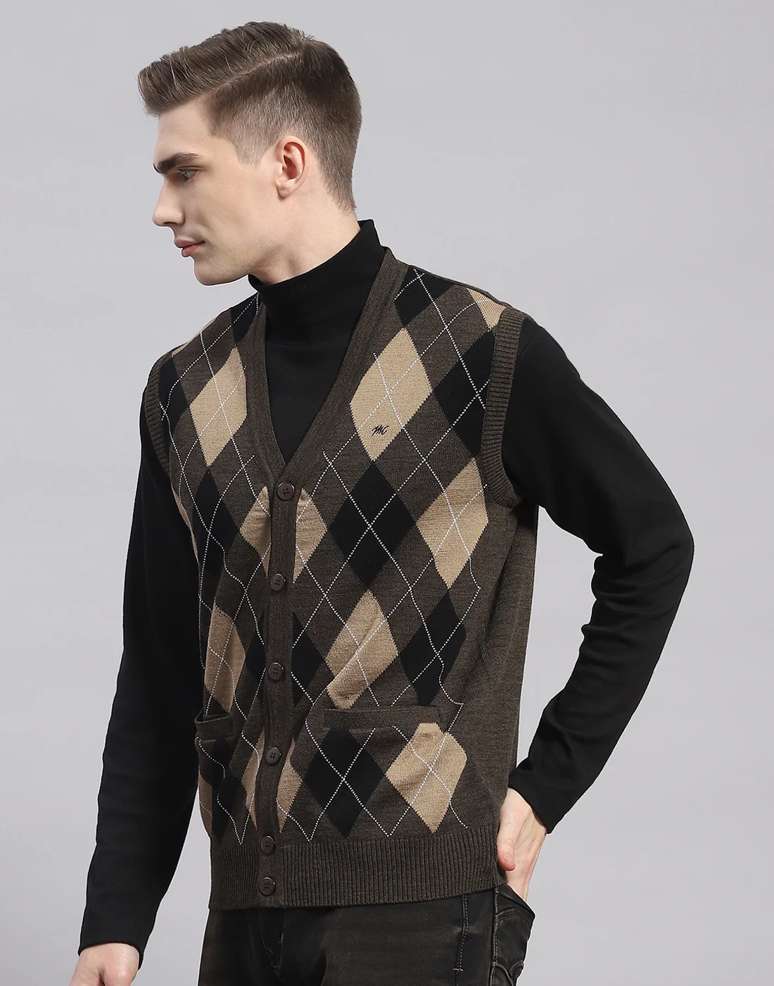 Men Brown Self Design V Neck Sleeveless Cardigan - Image 3