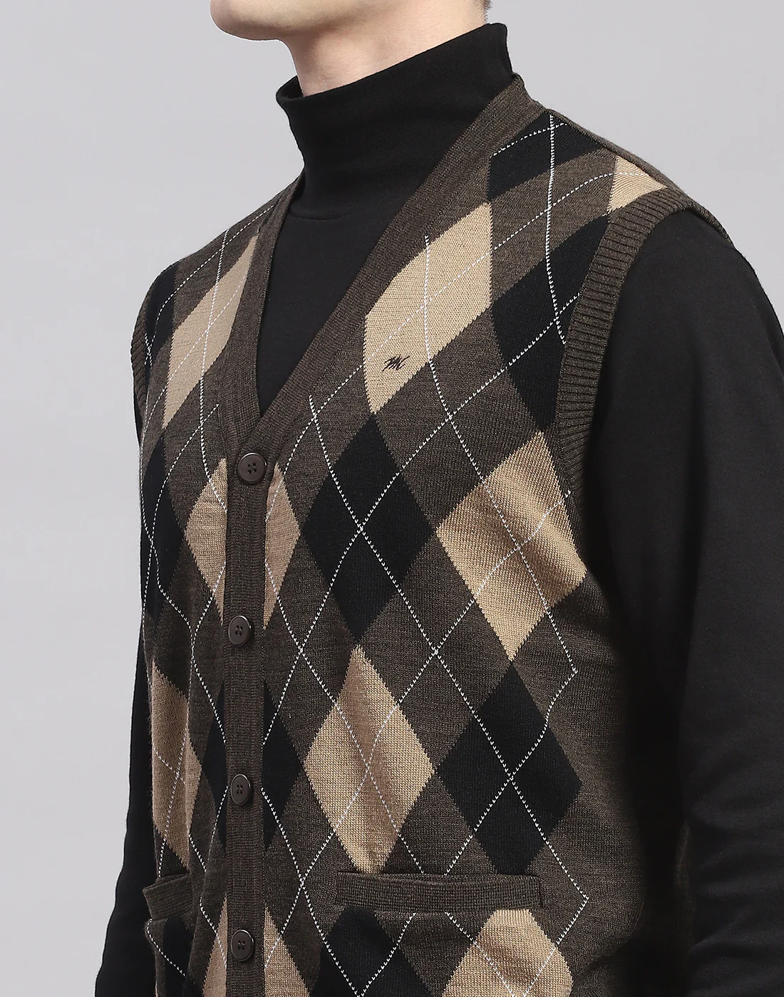 Men Brown Self Design V Neck Sleeveless Cardigan - Image 7