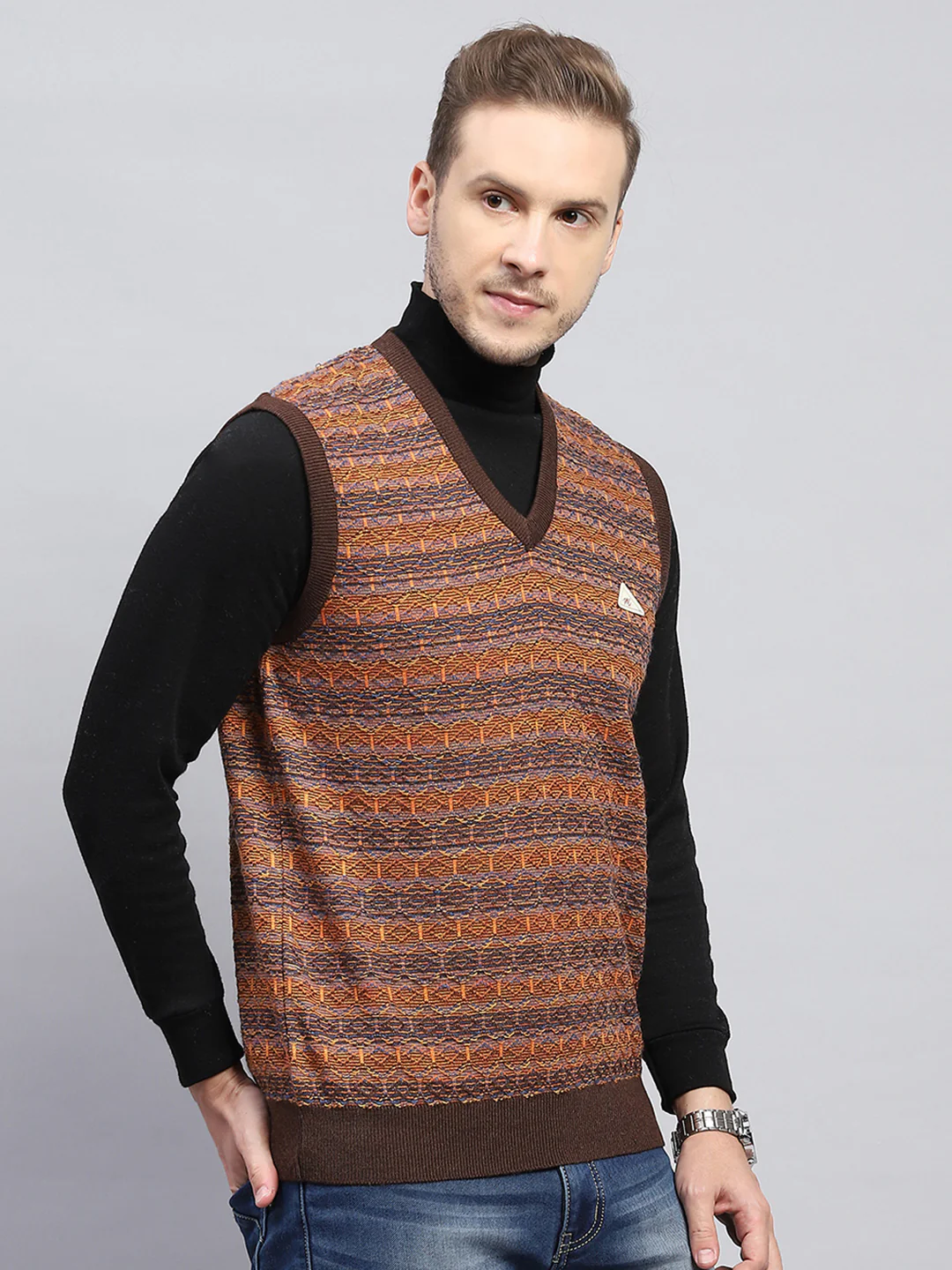 Men Brown Self Design V Neck Sleeveless Sweater - Image 4