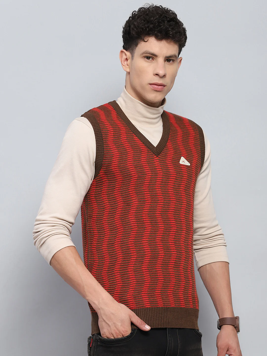 Men Brown Self Design V Neck Sleeveless Sweater - Image 4