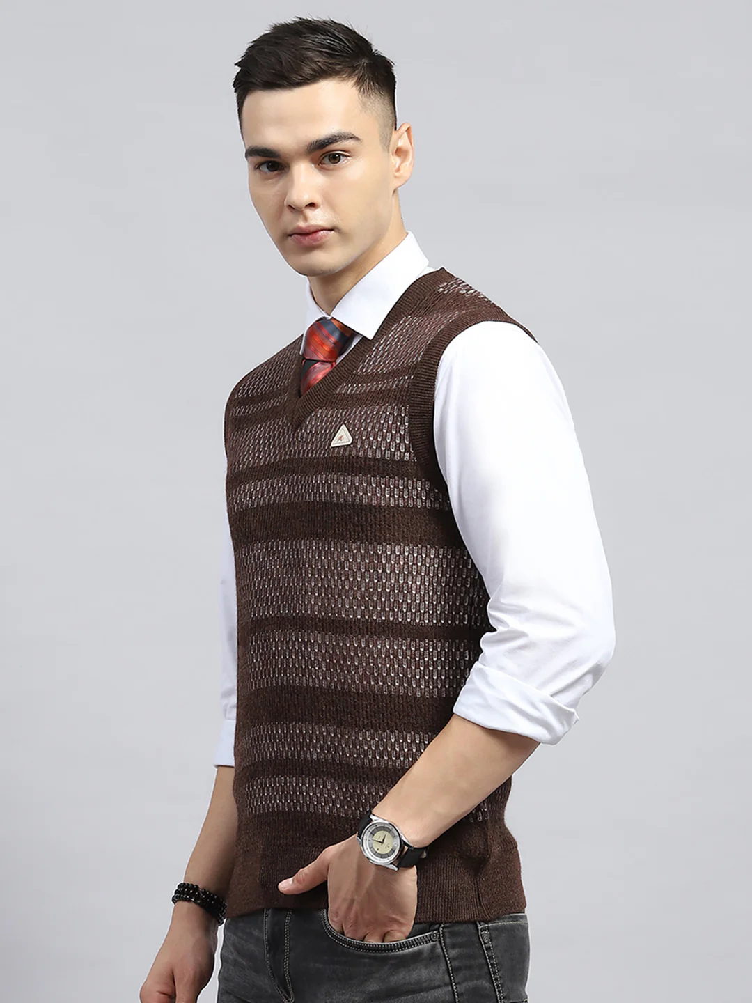 Men Brown Self Design V Neck Sleeveless Sweater - Image 3