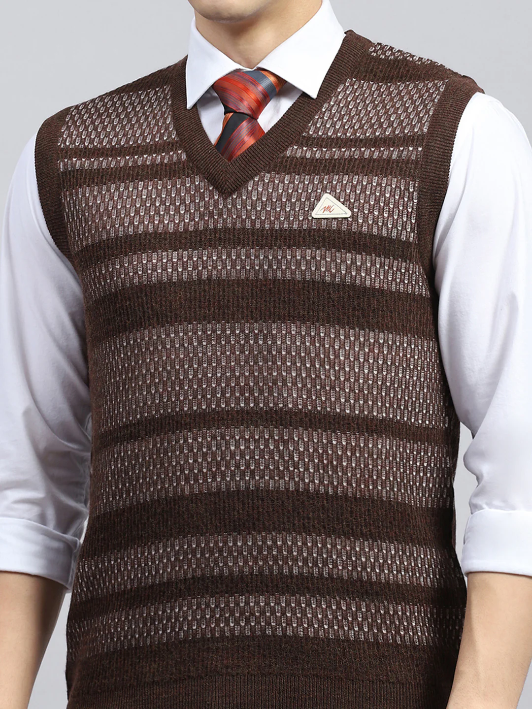 Men Brown Self Design V Neck Sleeveless Sweater - Image 6
