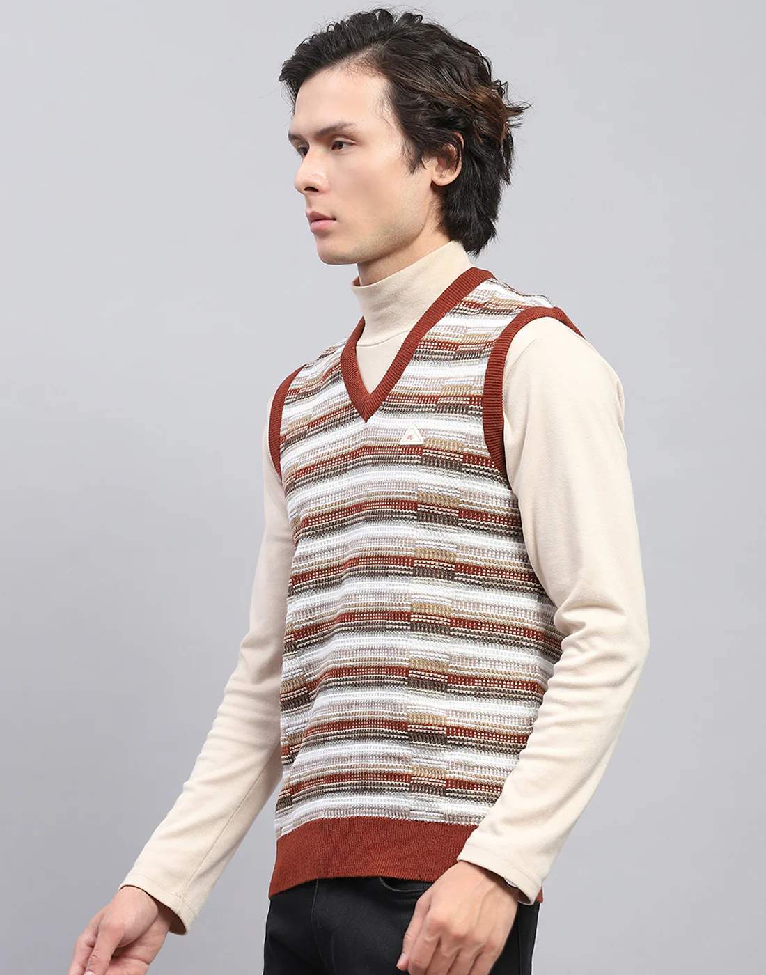 Men Brown Self Design V Neck Sleeveless Sweater - Image 3