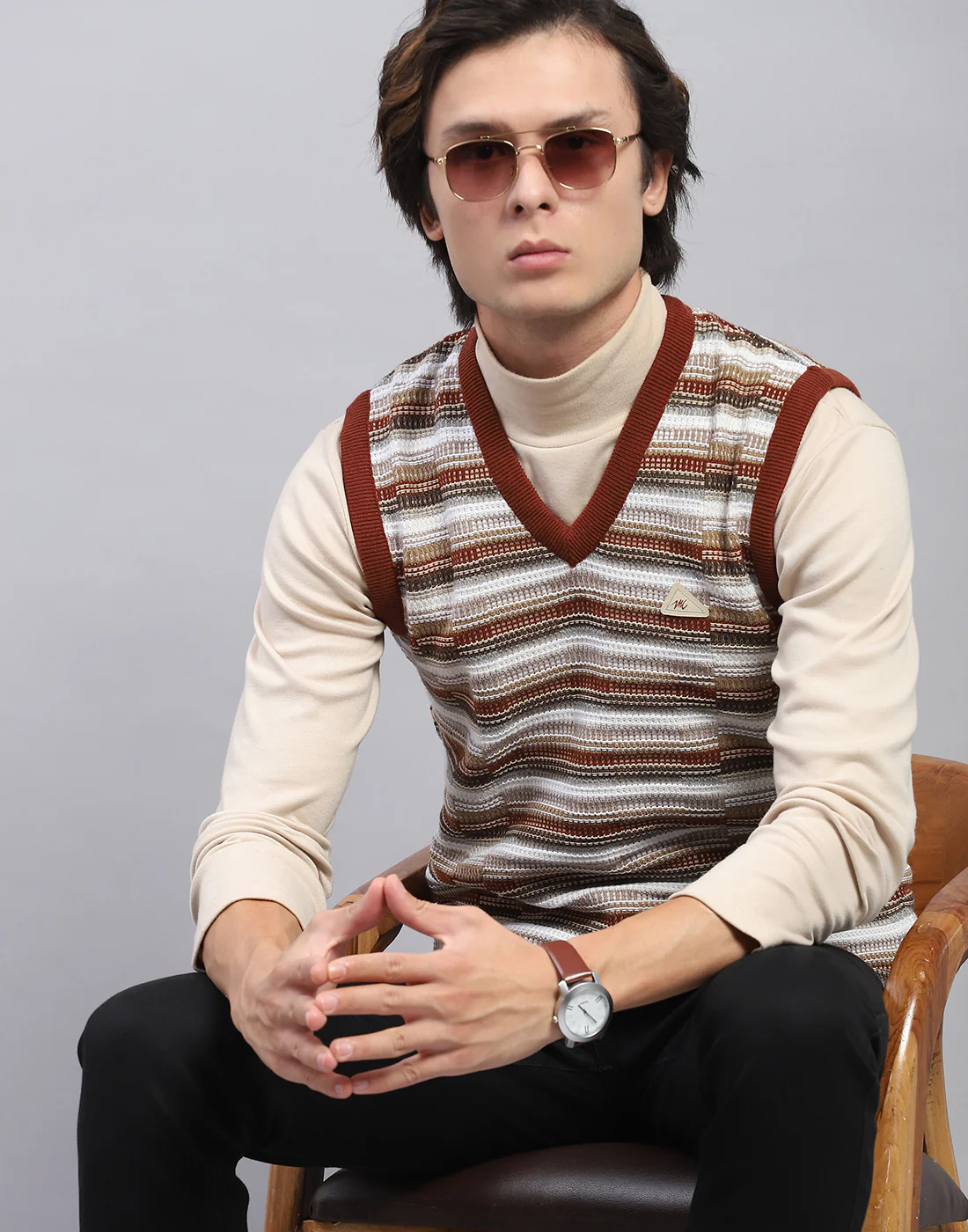 Men Brown Self Design V Neck Sleeveless Sweater - Image 6
