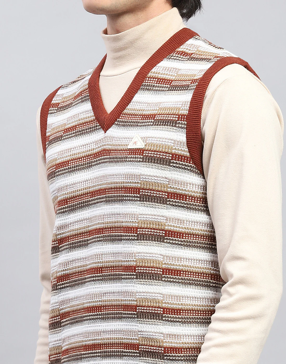 Men Brown Self Design V Neck Sleeveless Sweater - Image 7