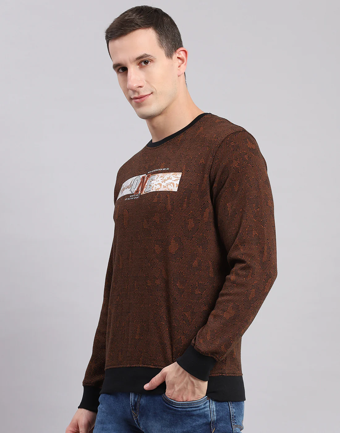Men Brown Self Design Round Neck Full Sleeve Sweatshirts - Image 3