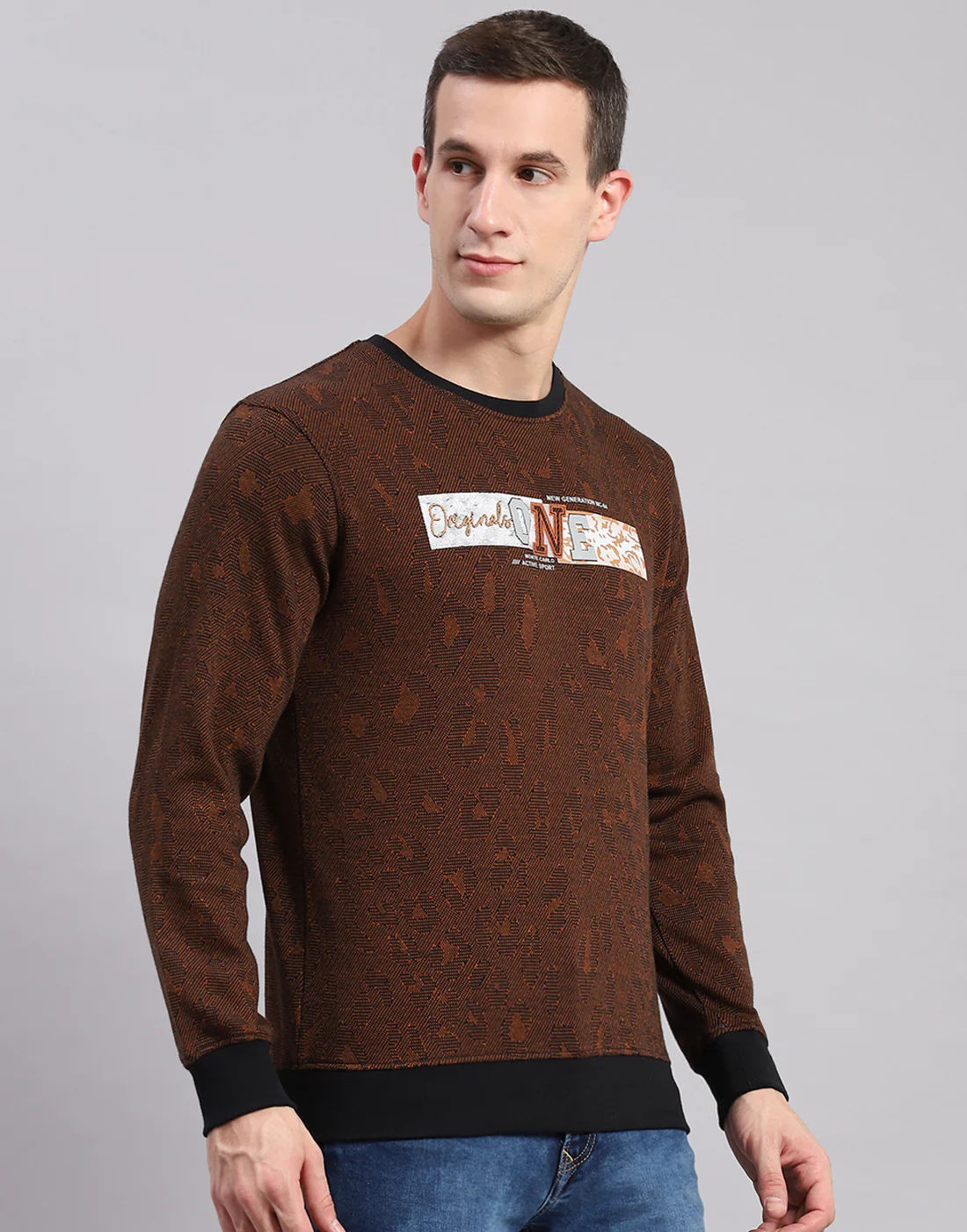 Men Brown Self Design Round Neck Full Sleeve Sweatshirts - Image 4