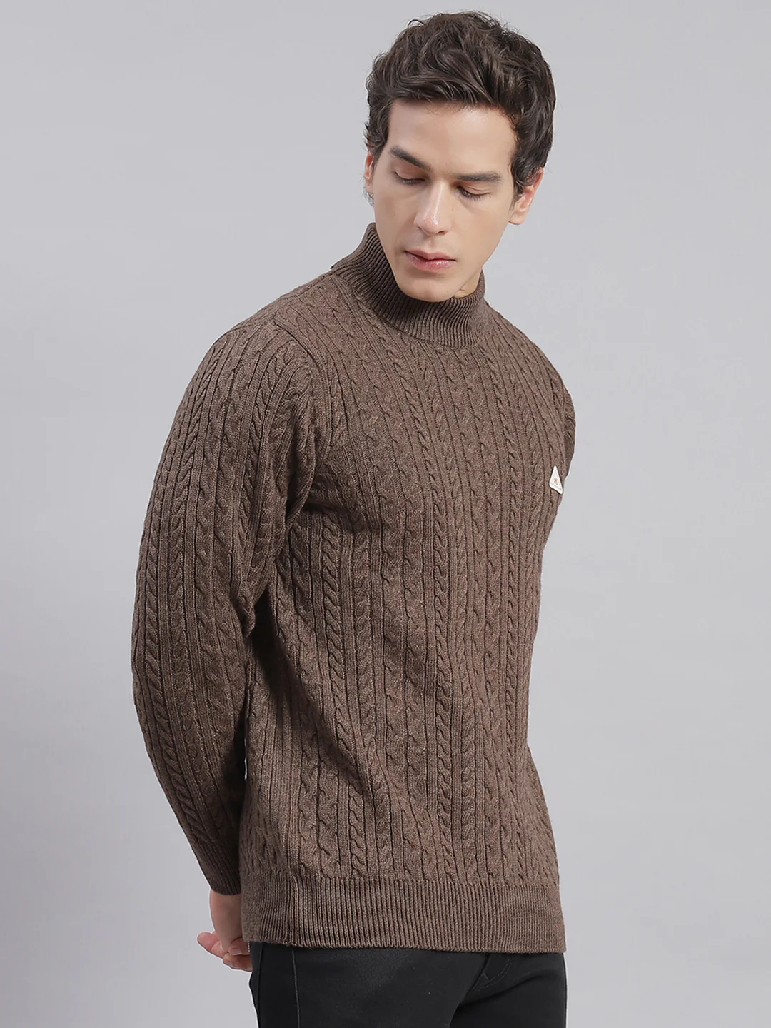 Men Brown Self Design T Neck Full Sleeve Sweaters/Pullovers - Image 5