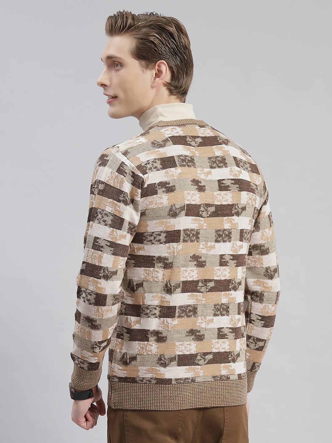 Men Brown Self Design V Neck Full Sleeve Cardigans - Image 5