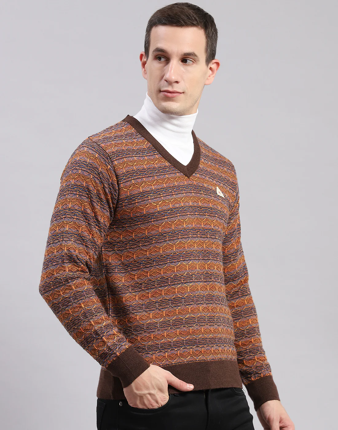 Men Brown Self Design V Neck Full Sleeve Sweaters/Pullovers - Image 4