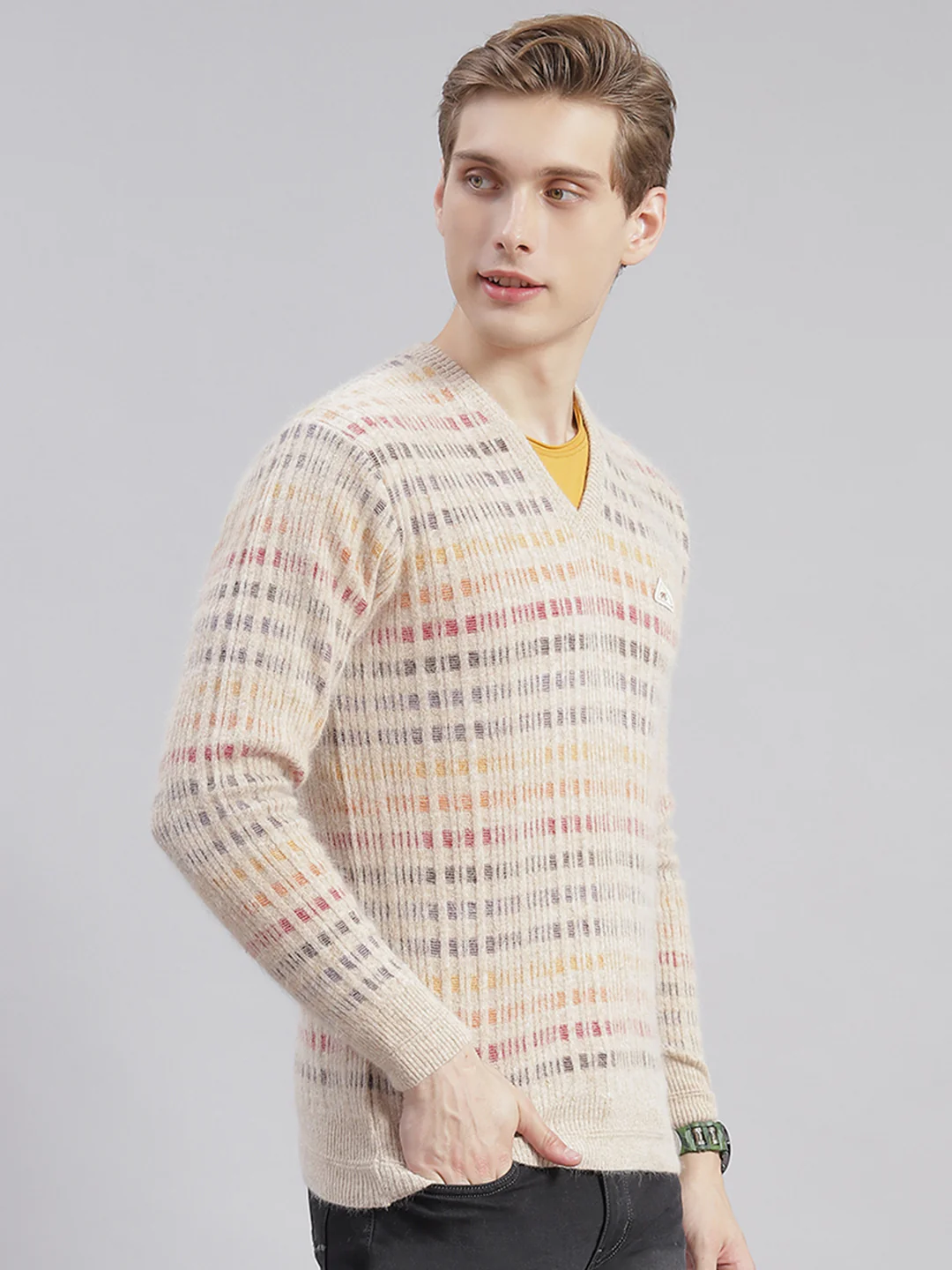 Men Brown Self Design V Neck Full Sleeve Sweaters/Pullovers - Image 4