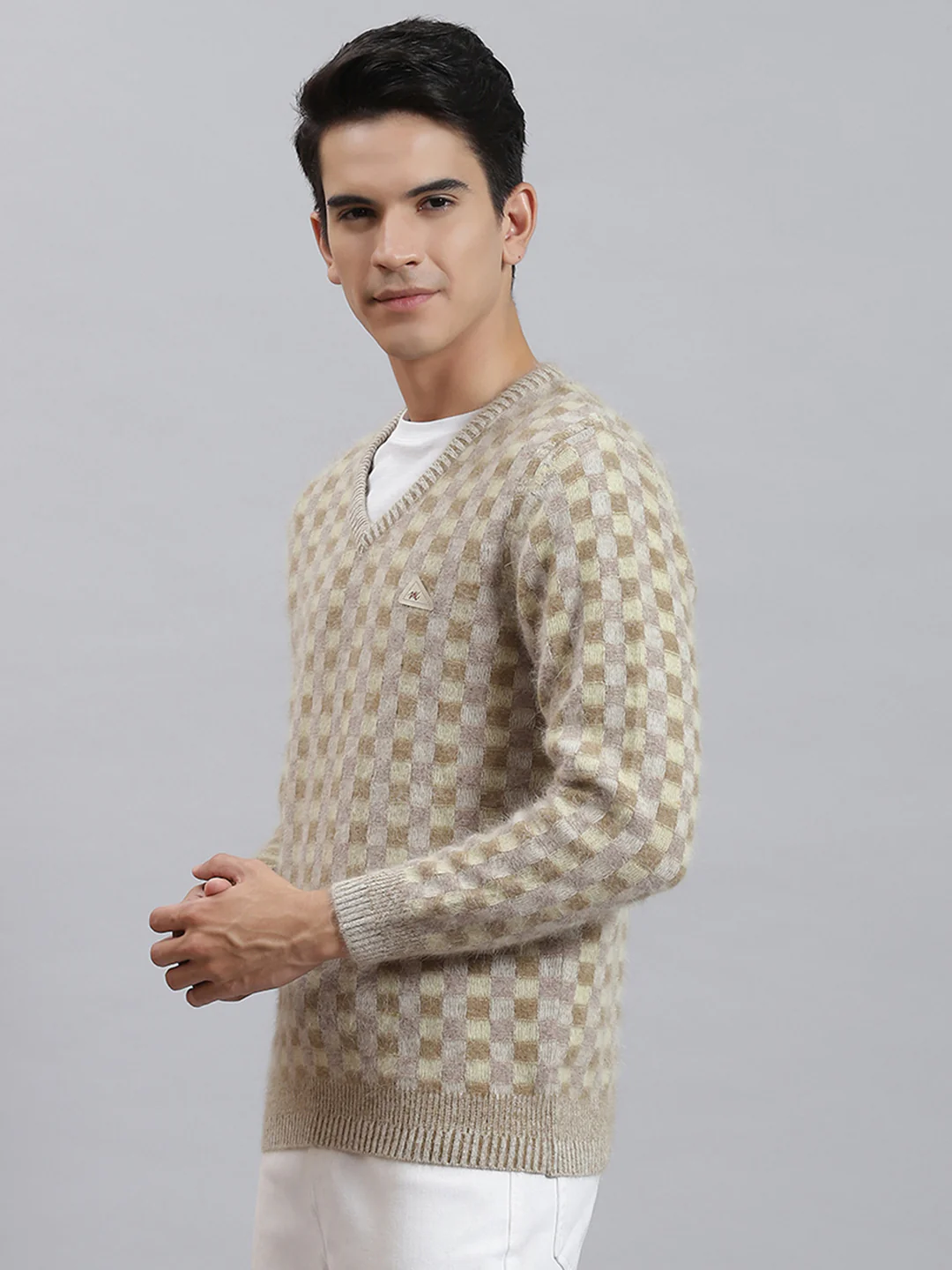 Men Brown Self Design V Neck Full Sleeve Sweaters/Pullovers - Image 3