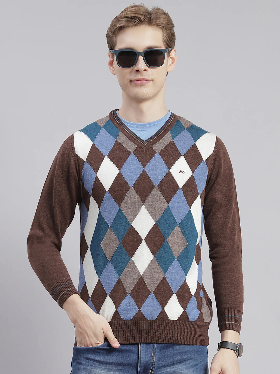 Men Brown Self Design V Neck Full Sleeve Sweaters/Pullovers - Image 3