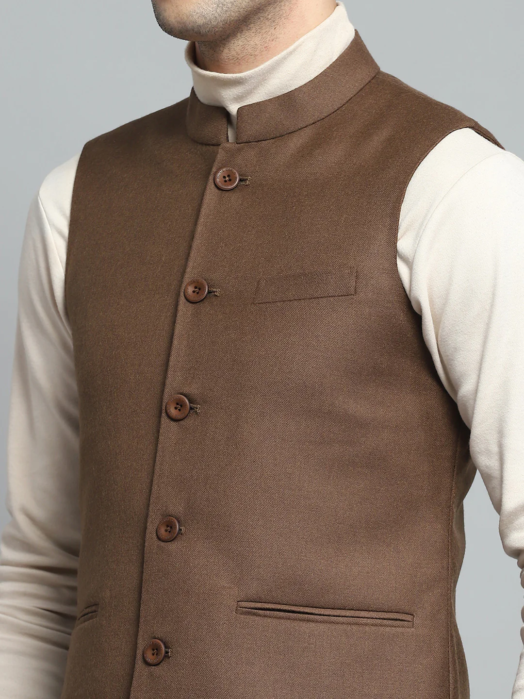 Men Brown Solid Band Collar Sleeveless Nehru Jacket - Image 7