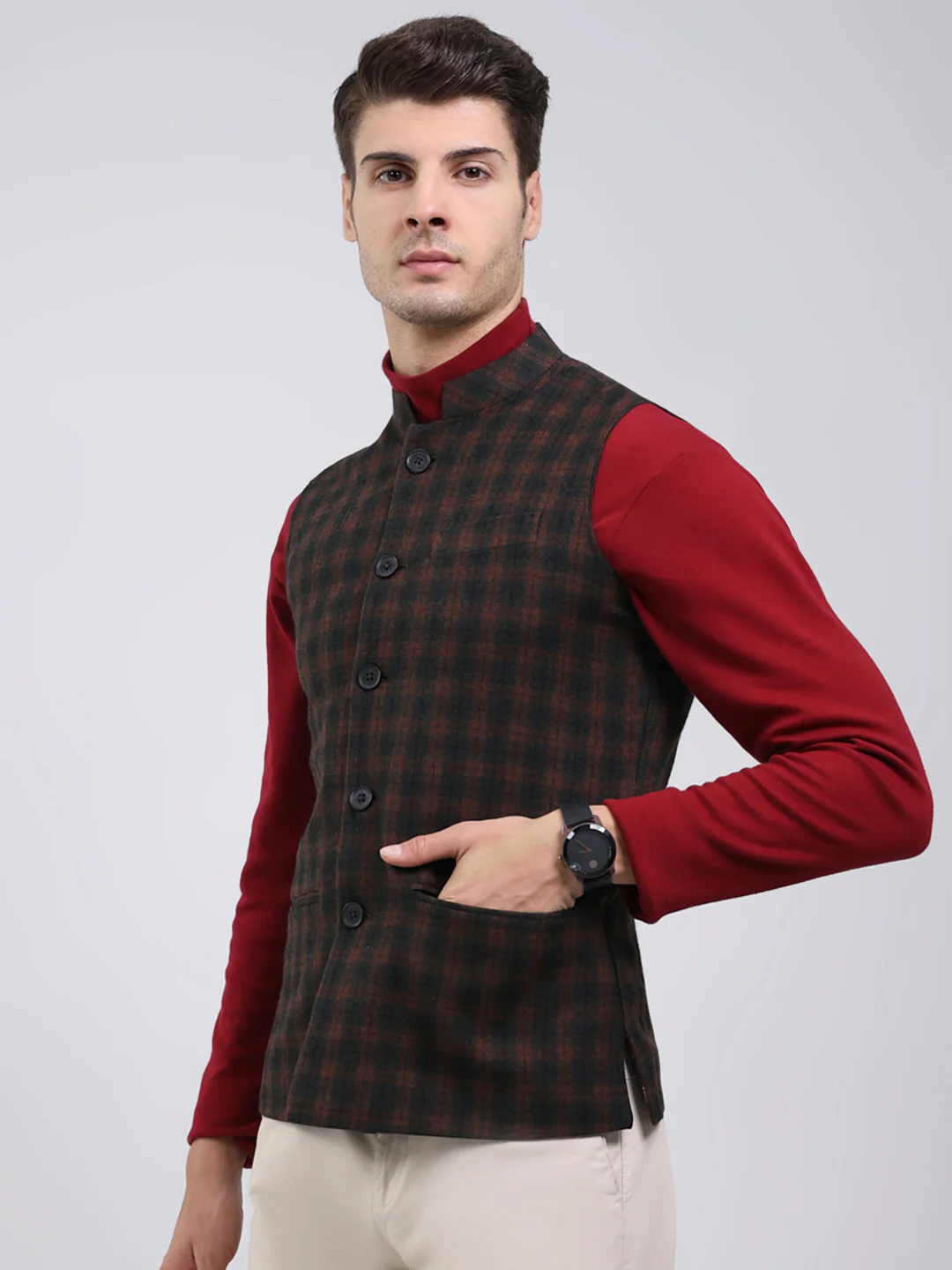 Men Brown Solid Band Neck Sleeveless Jacket - Image 3